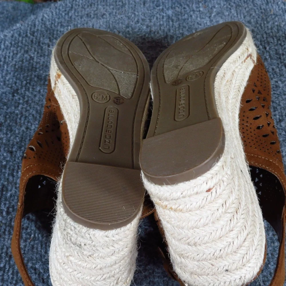 Liz Claiborne Hanalei Womens Wedge Sandal Sz 6.5 Espadrille Cognac Brown Textile